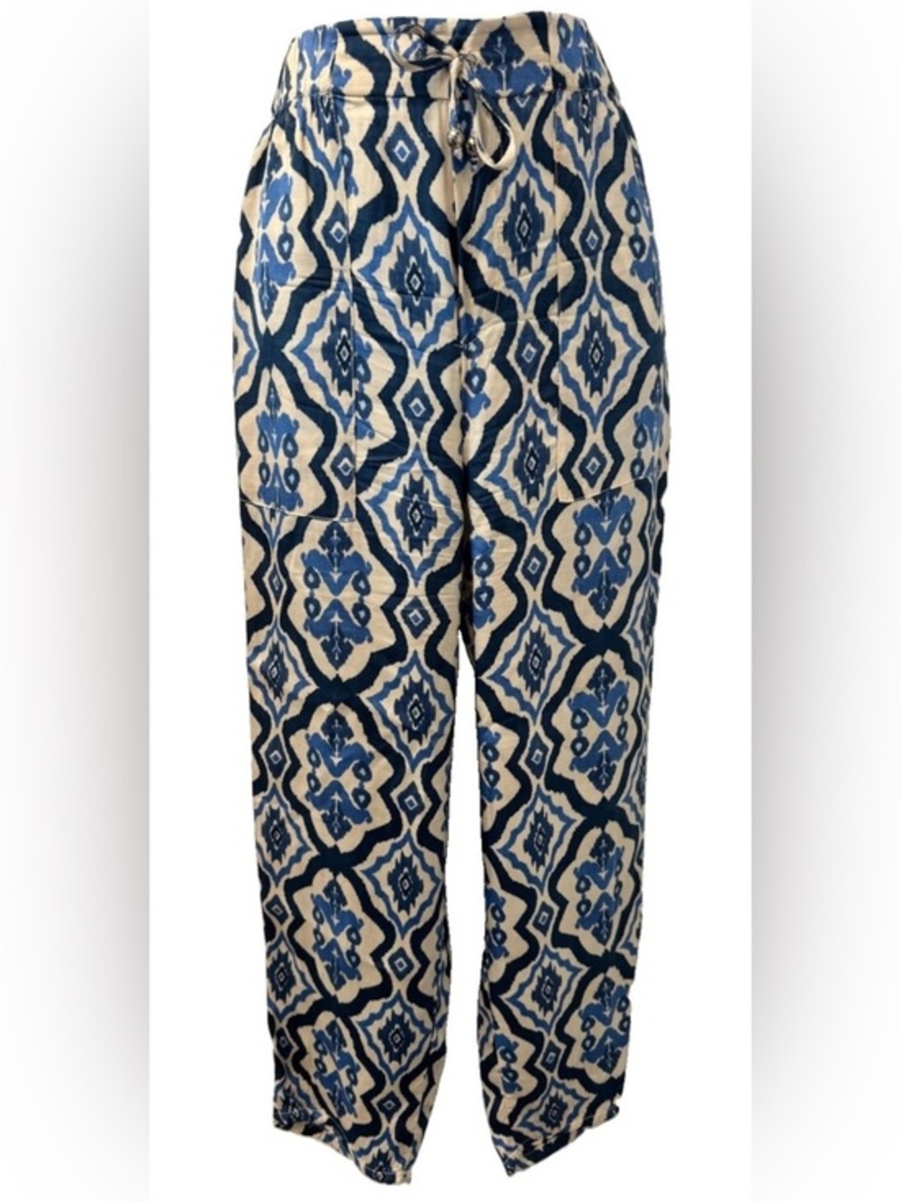 Zara Blue & Cream Geometric silky pants, XS, soft flowy fabric